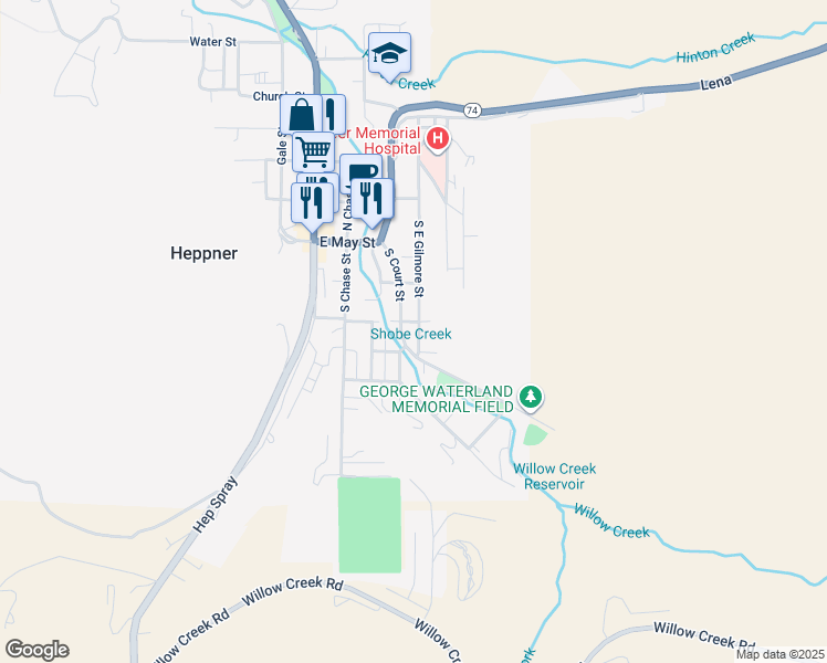 map of restaurants, bars, coffee shops, grocery stores, and more near 335 South East Gilmore Street in Heppner