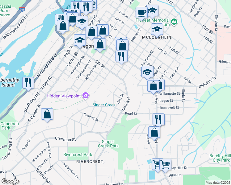 map of restaurants, bars, coffee shops, grocery stores, and more near 304 Jackson Street in Oregon City