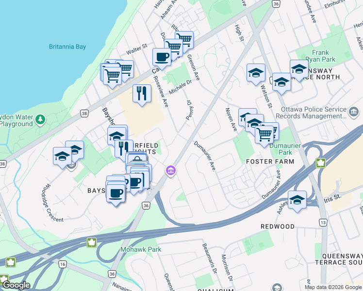map of restaurants, bars, coffee shops, grocery stores, and more near 3033 Richmond Road in Ottawa