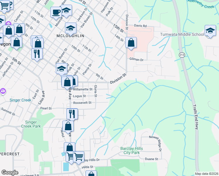 map of restaurants, bars, coffee shops, grocery stores, and more near 125 Selma Street in Oregon City