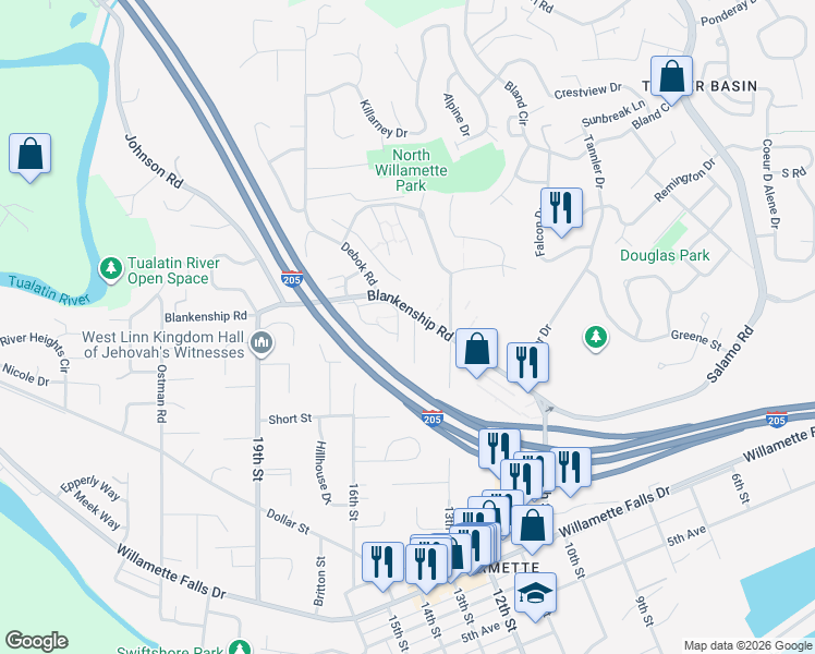 map of restaurants, bars, coffee shops, grocery stores, and more near 2007 Virginia Lane in West Linn