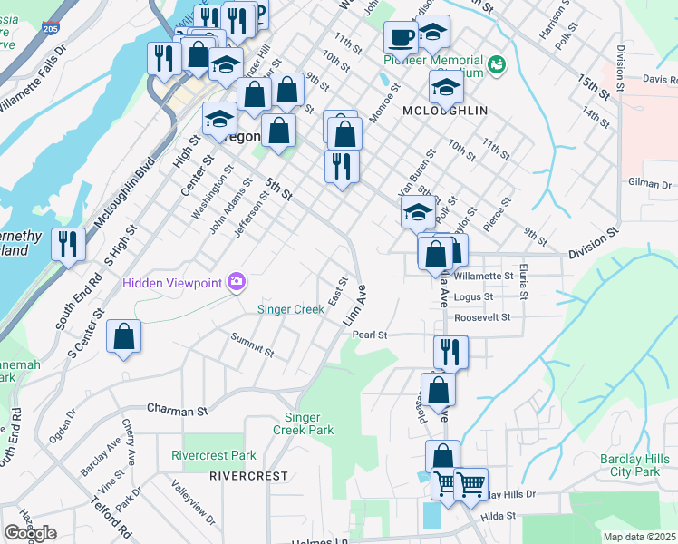 map of restaurants, bars, coffee shops, grocery stores, and more near in Oregon City
