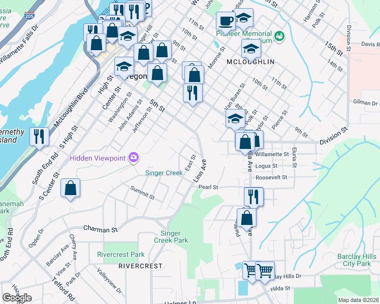 map of restaurants, bars, coffee shops, grocery stores, and more near 304 Jackson Street in Oregon City