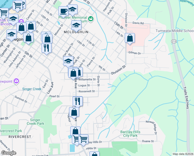 map of restaurants, bars, coffee shops, grocery stores, and more near 541 Willamette Street in Oregon City