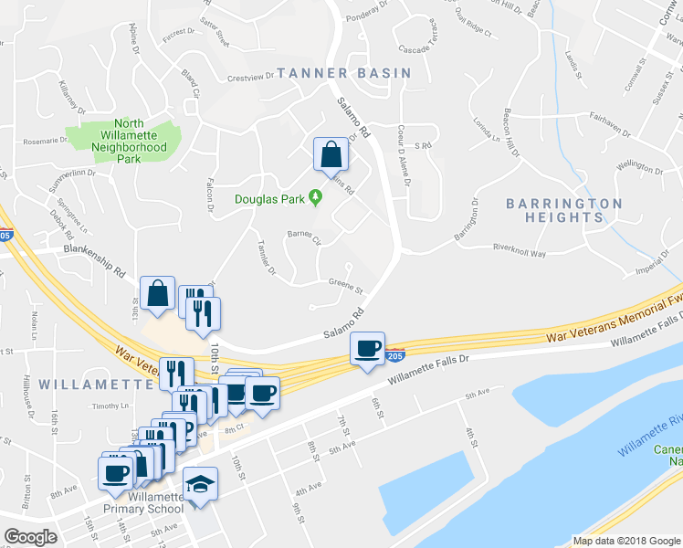 map of restaurants, bars, coffee shops, grocery stores, and more near 1804 Hall Ct in West Linn