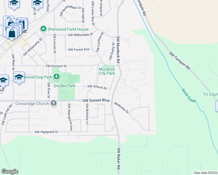 map of restaurants, bars, coffee shops, grocery stores, and more near 23299 Southwest William Avenue in Sherwood