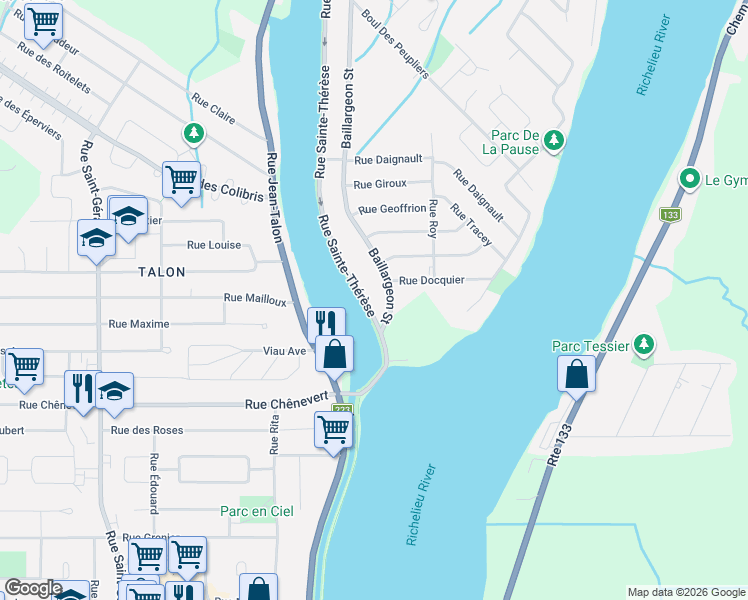 map of restaurants, bars, coffee shops, grocery stores, and more near 84 Rue Sainte-Thérèse in Saint-Jean-sur-Richelieu