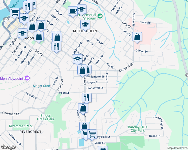 map of restaurants, bars, coffee shops, grocery stores, and more near 441 Willamette St in Oregon City