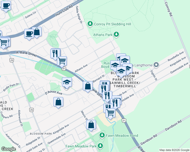 map of restaurants, bars, coffee shops, grocery stores, and more near 3031 Olympic Way in Ottawa