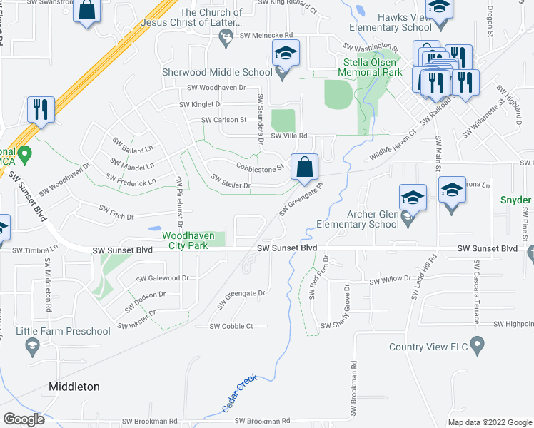 map of restaurants, bars, coffee shops, grocery stores, and more near 16942 Southwest Richen Park Circle in Sherwood