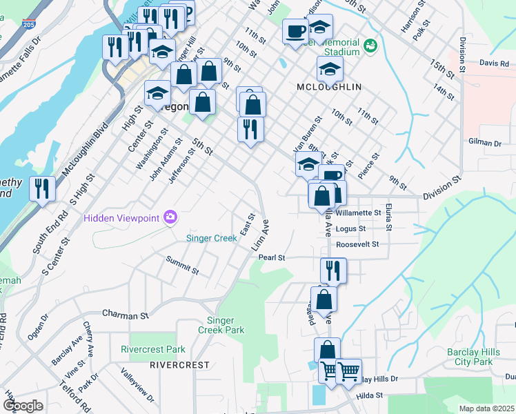 map of restaurants, bars, coffee shops, grocery stores, and more near in Oregon City