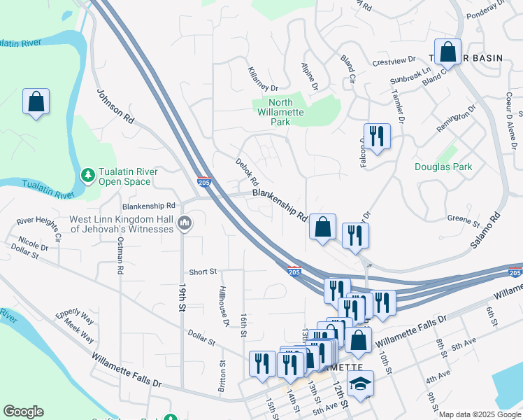 map of restaurants, bars, coffee shops, grocery stores, and more near 2007 Virginia Lane in West Linn