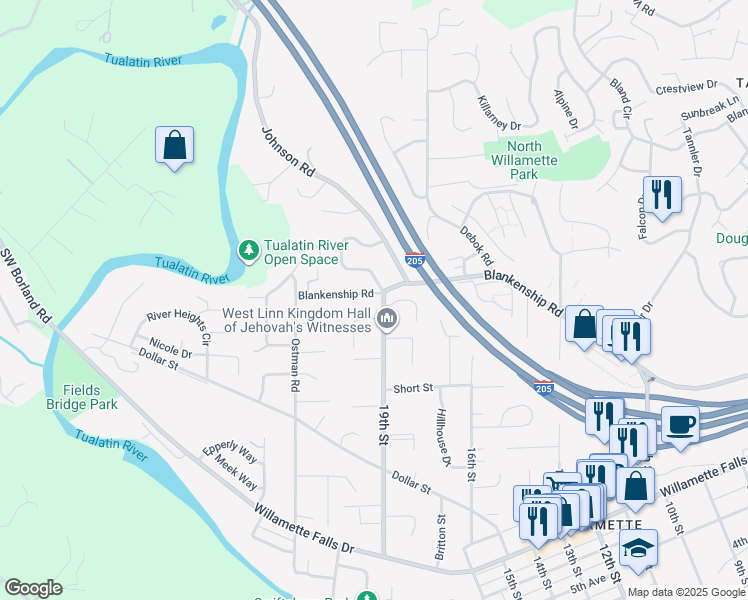 map of restaurants, bars, coffee shops, grocery stores, and more near 1290 Farrview Court in West Linn
