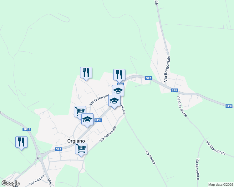 map of restaurants, bars, coffee shops, grocery stores, and more near 2 Via IV Novembre in Orgiano