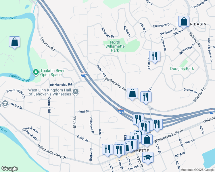 map of restaurants, bars, coffee shops, grocery stores, and more near 2007 Virginia Lane in West Linn