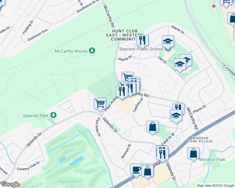 map of restaurants, bars, coffee shops, grocery stores, and more near 3320 McCarthy Road in Ottawa