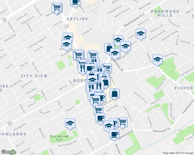 map of restaurants, bars, coffee shops, grocery stores, and more near 1062 Meadowlands Drive East in Ottawa