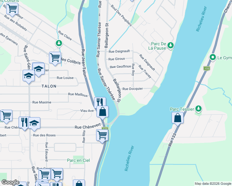 map of restaurants, bars, coffee shops, grocery stores, and more near 84 Rue Sainte-Thérèse in Saint-Jean-sur-Richelieu