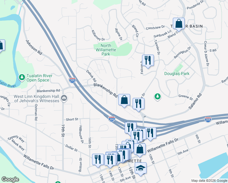 map of restaurants, bars, coffee shops, grocery stores, and more near 1750 Blankenship Road in West Linn
