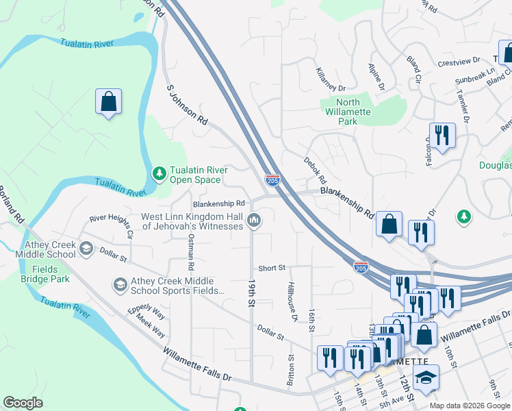 map of restaurants, bars, coffee shops, grocery stores, and more near 1303 Ann Court in West Linn