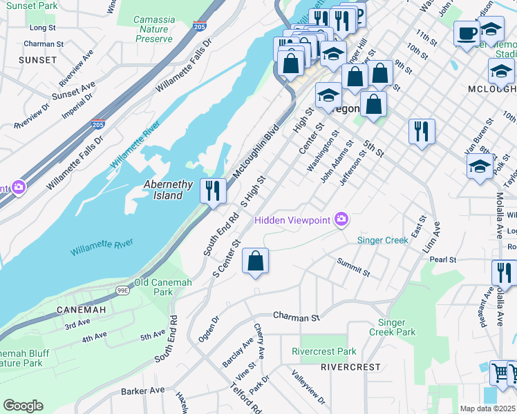 map of restaurants, bars, coffee shops, grocery stores, and more near 213 South Center Street in Oregon City