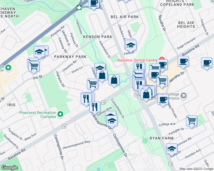 map of restaurants, bars, coffee shops, grocery stores, and more near 2064 Westbury Road in Ottawa