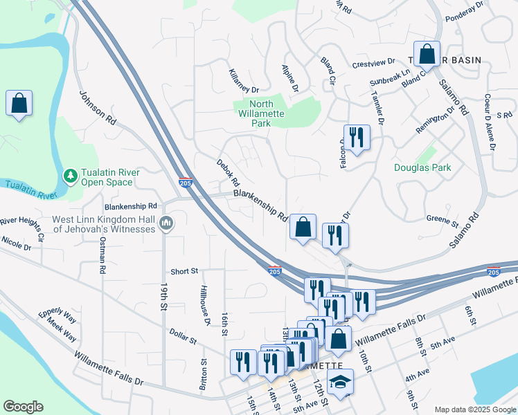 map of restaurants, bars, coffee shops, grocery stores, and more near 2001 Virginia Lane in West Linn