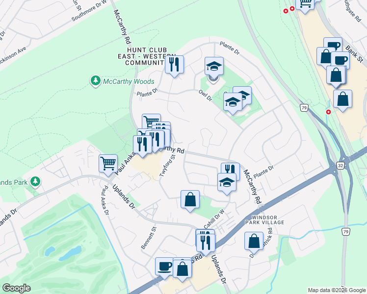 map of restaurants, bars, coffee shops, grocery stores, and more near 76 Winbro Private in Ottawa