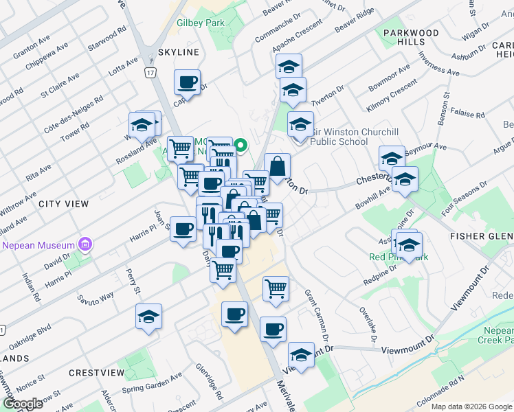 map of restaurants, bars, coffee shops, grocery stores, and more near 200 Grant Carman Drive in Ottawa