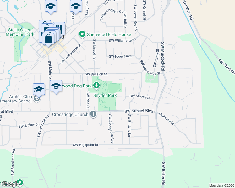 map of restaurants, bars, coffee shops, grocery stores, and more near 15093 Southwest Smock Street in Sherwood