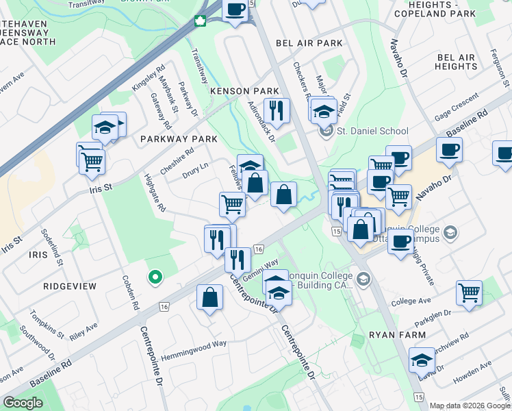 map of restaurants, bars, coffee shops, grocery stores, and more near 2060 Westbury Road in Ottawa