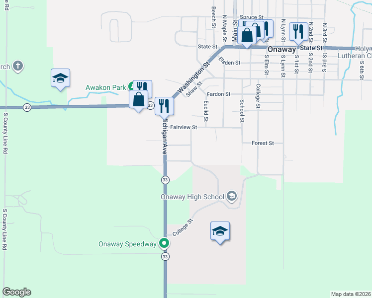 map of restaurants, bars, coffee shops, grocery stores, and more near 1153-20999 Huron Street in Onaway