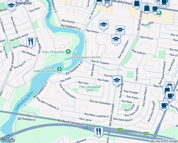 map of restaurants, bars, coffee shops, grocery stores, and more near 155 Rue Trenton in Châteauguay