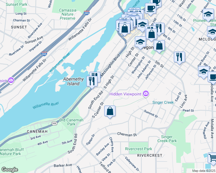 map of restaurants, bars, coffee shops, grocery stores, and more near 213 South Center Street in Oregon City