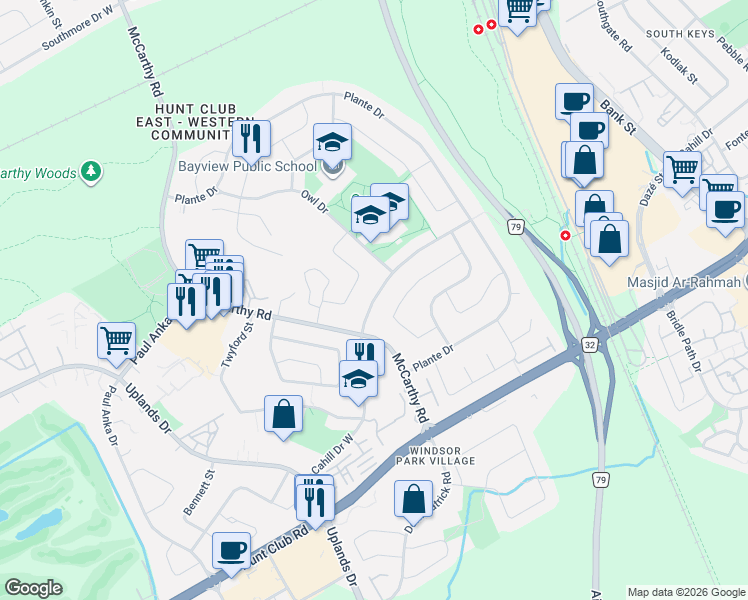 map of restaurants, bars, coffee shops, grocery stores, and more near 965 Cahill Drive West in Ottawa