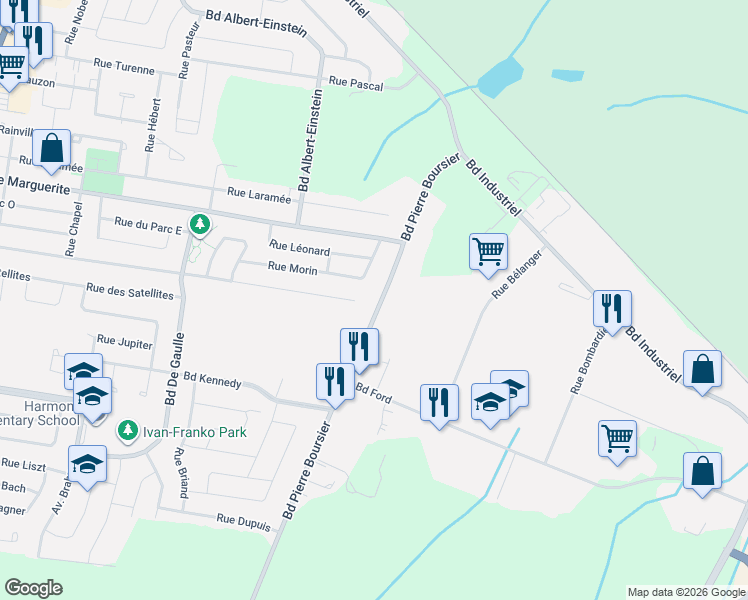 map of restaurants, bars, coffee shops, grocery stores, and more near 303 Boulevard Pierre Boursier in Châteauguay