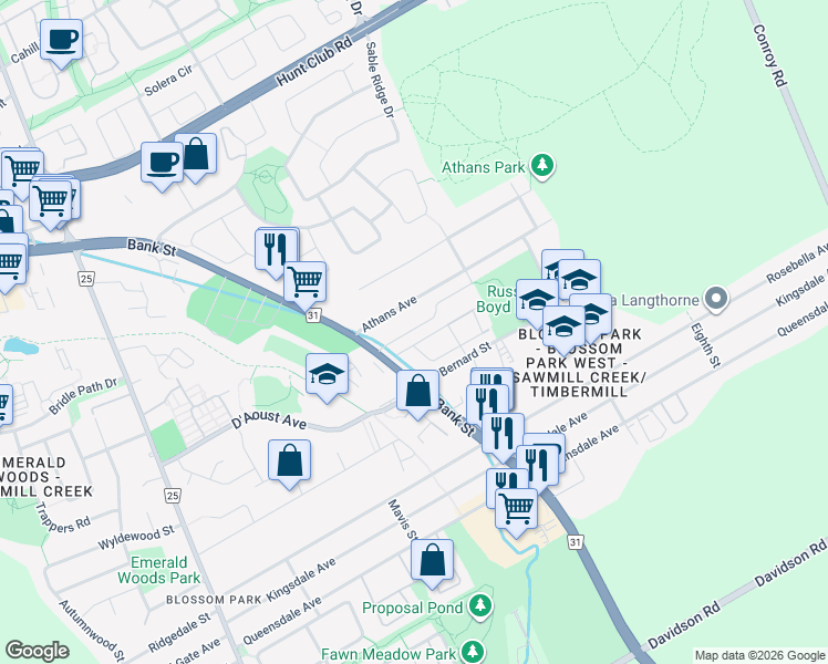 map of restaurants, bars, coffee shops, grocery stores, and more near 2972 Olympic Way in Ottawa