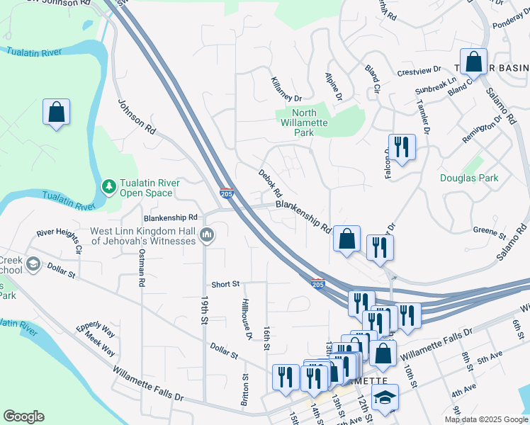 map of restaurants, bars, coffee shops, grocery stores, and more near 1701 Blankenship Road in West Linn