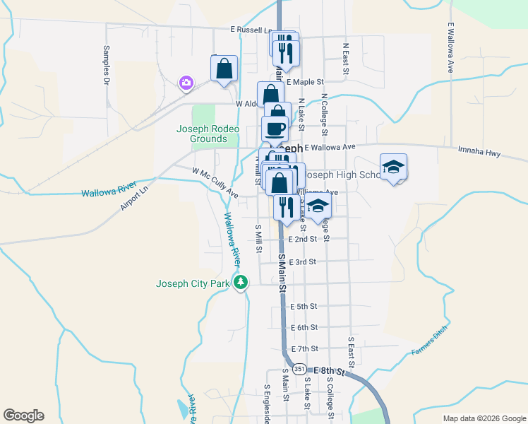 map of restaurants, bars, coffee shops, grocery stores, and more near 2 South Mill Street in Joseph