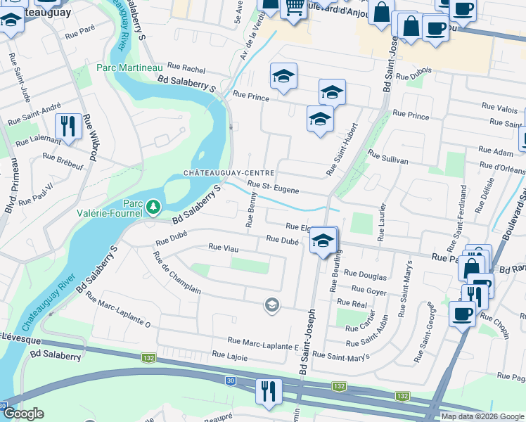 map of restaurants, bars, coffee shops, grocery stores, and more near 145 Rue Elgin in Châteauguay