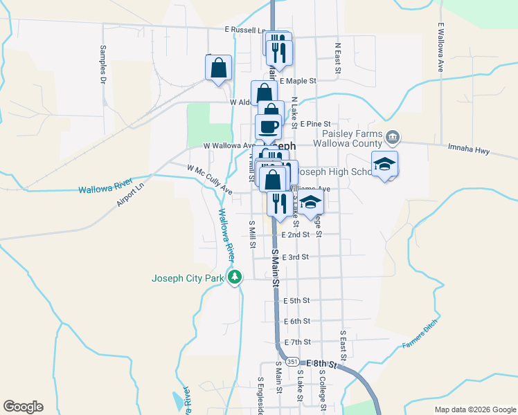 map of restaurants, bars, coffee shops, grocery stores, and more near 2 South Mill Street in Joseph