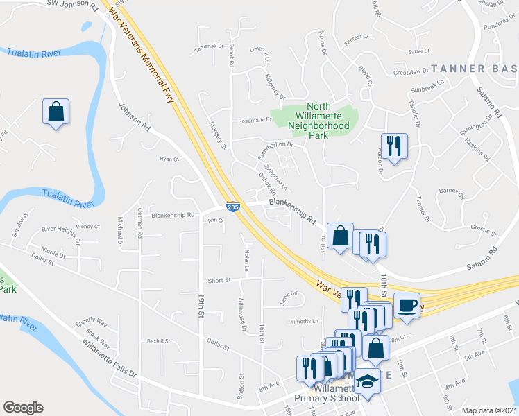 map of restaurants, bars, coffee shops, grocery stores, and more near 1701 Blankenship Road in West Linn