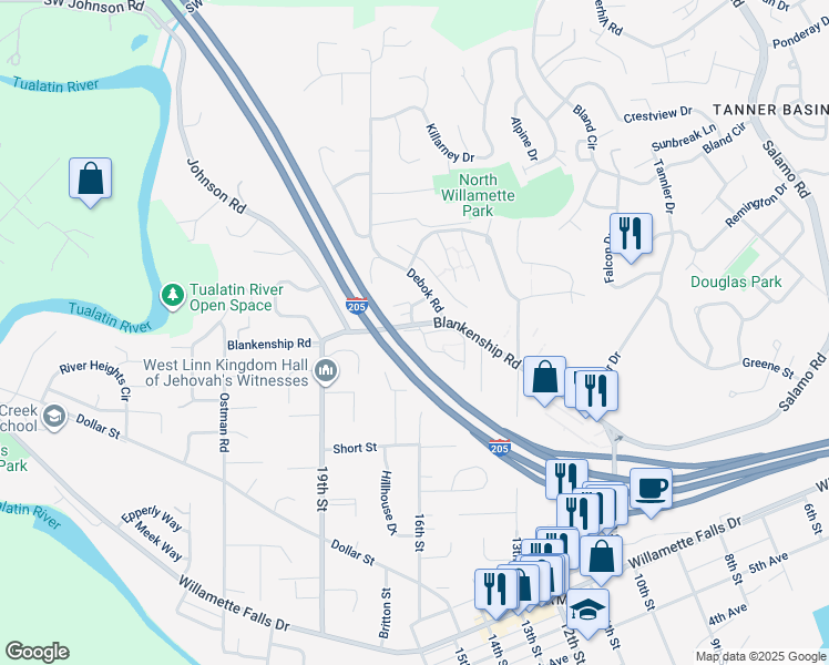 map of restaurants, bars, coffee shops, grocery stores, and more near 1701 Blankenship Road in West Linn