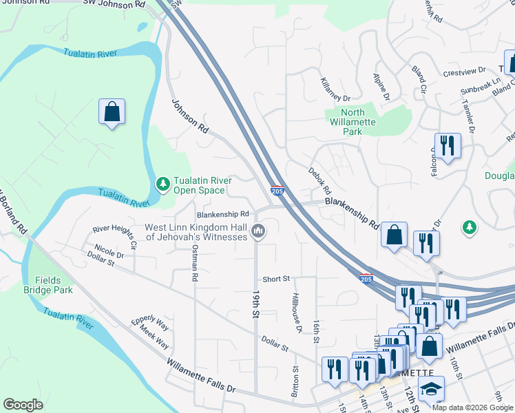 map of restaurants, bars, coffee shops, grocery stores, and more near 2311 19th Street in West Linn