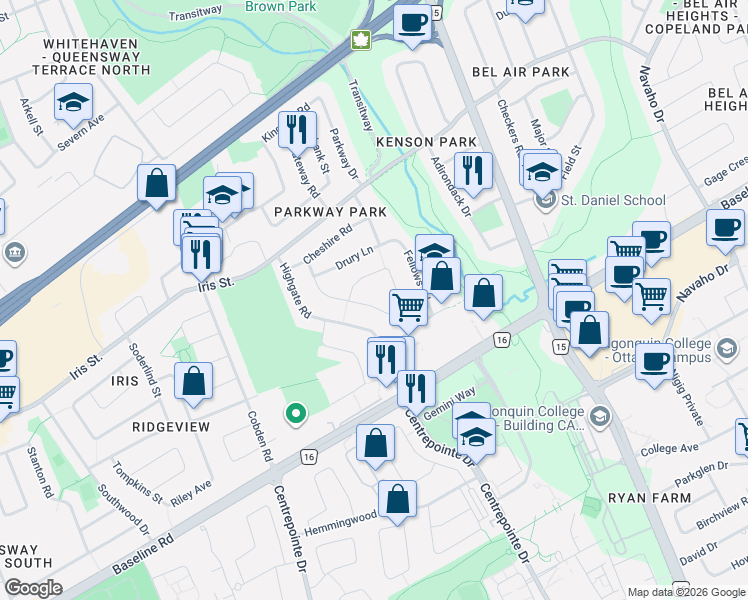 map of restaurants, bars, coffee shops, grocery stores, and more near 1321 Rustic Drive in Ottawa