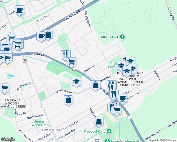 map of restaurants, bars, coffee shops, grocery stores, and more near 1626 Athans Avenue in Ottawa
