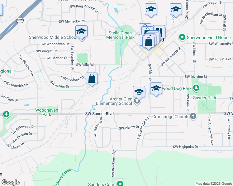map of restaurants, bars, coffee shops, grocery stores, and more near 23235 Southwest Saint Charles Way in Sherwood