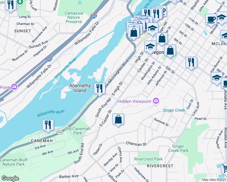 map of restaurants, bars, coffee shops, grocery stores, and more near 217 South High Street in Oregon City