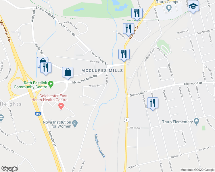 map of restaurants, bars, coffee shops, grocery stores, and more near 57 James Street in Truro