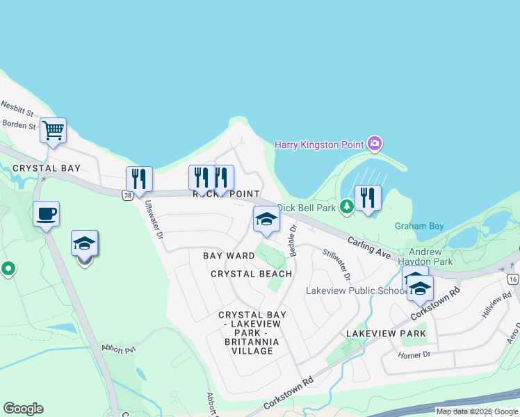 map of restaurants, bars, coffee shops, grocery stores, and more near 1 Crystal Beach Drive in Ottawa